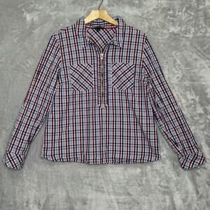 Tommy Hilfiger Shirt Womens XL Red Blue Plaid Half Zip Long Sleeve Cotton Casual